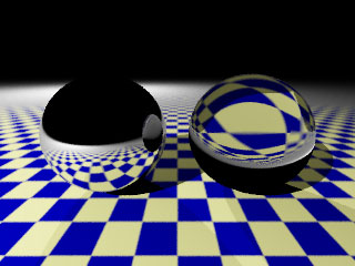 reflecting and refracting sphere on a checkerboard pattern.  rendered by examples/textures/anti_aliasing.py