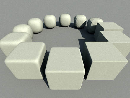 The same cube with different settings of subdivision and crease level