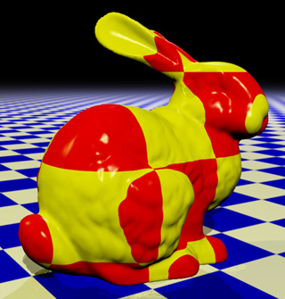 render of Stanford Bunny with checker volume texture.   Model by Stanford University Computer Graphics Laboratory